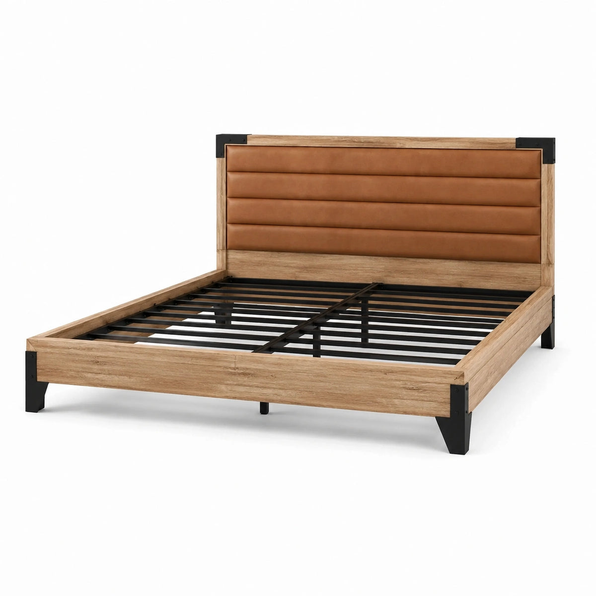 Doppelbett mit gepolstertem Kopfteil, 214 × 168 × 110 cm, für Matratze 160 × 200 cm, Naturbraun/Braun/Schwarz