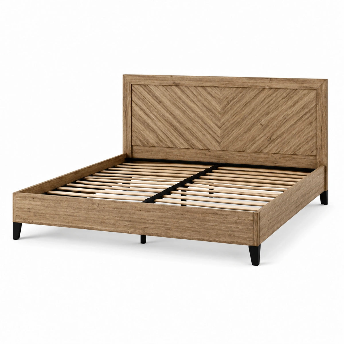 Doppelbett mit Fischgrät-Kopfteil und Lattenrost, Braun und Schwarz, Liegefläche 160 × 200 cm, Gesamtmaße 216 × 166 × 110 cm