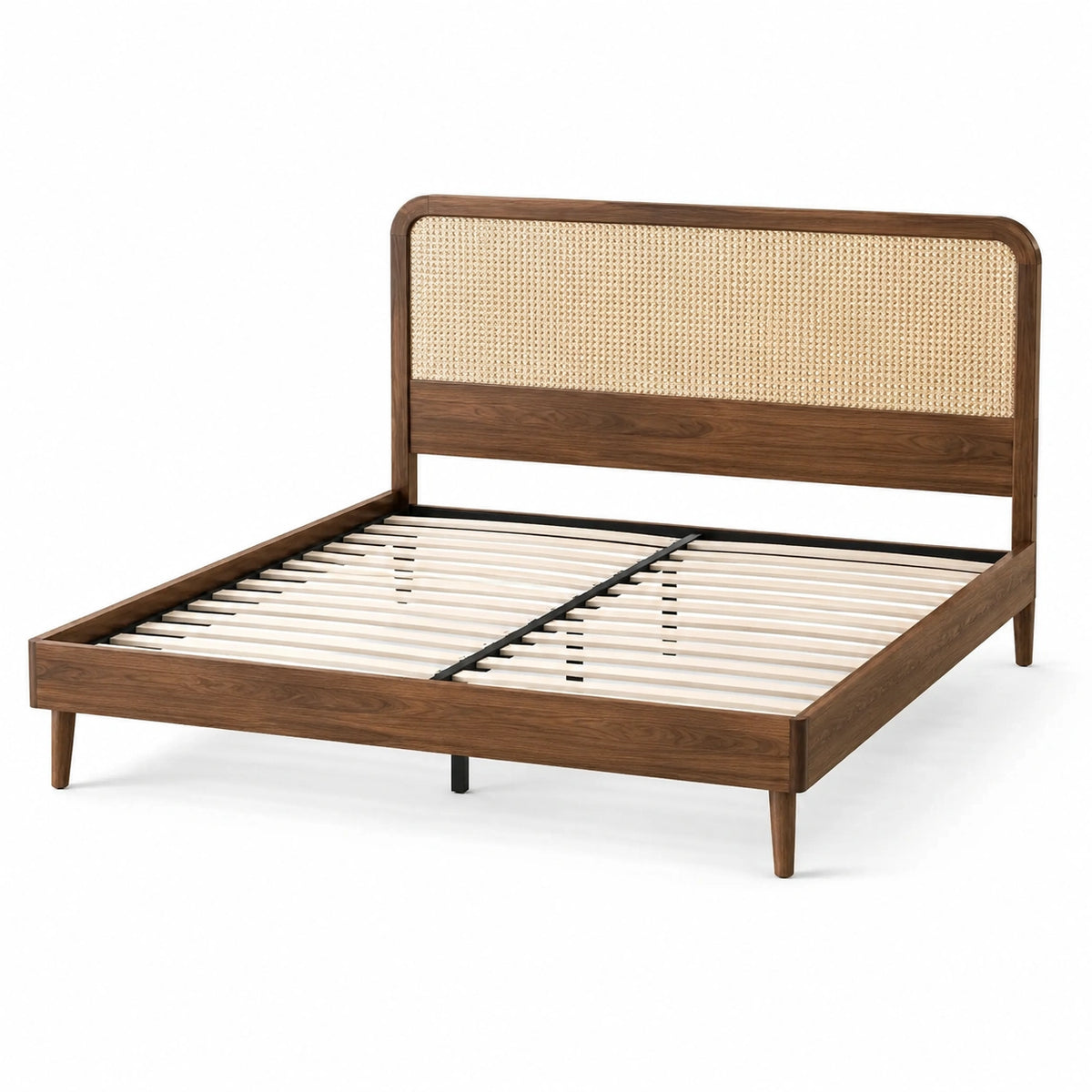 Doppelbett mit Rattangeflecht und Lattenrost, Braun, Natur und Schwarz, Liegefläche 160 × 200 cm, Gesamtmaße 208 × 166 × 110 cm