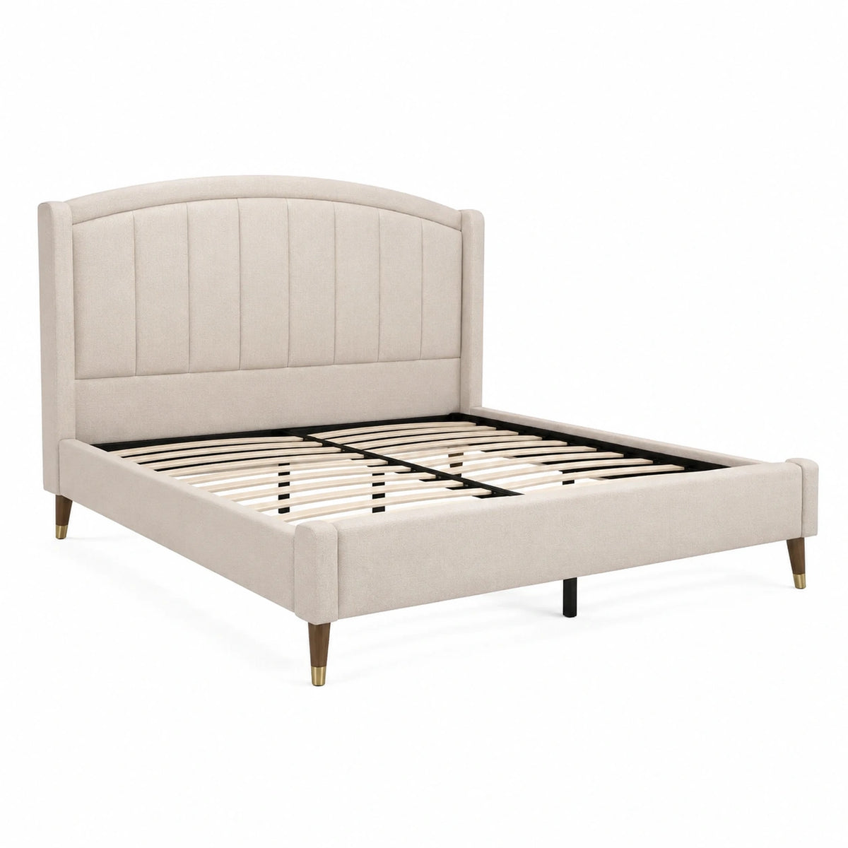 Modernes Polsterbett 160 × 200 cm in Beige mit hohem Kopfteil, Holzlattenrost und Metallrahmen, 218 × 170 × 115 cm
