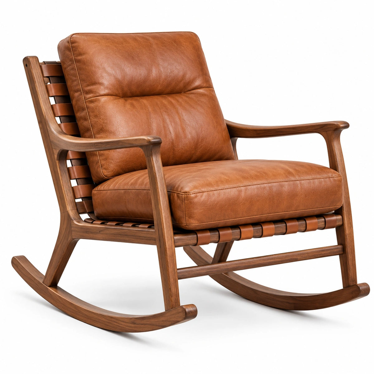 Gepolsterter Holz-Schaukelstuhl in Cognacbraun und Dunkelbraun, 76 × 92 × 96 cm, Retro-Design mit Armlehnen