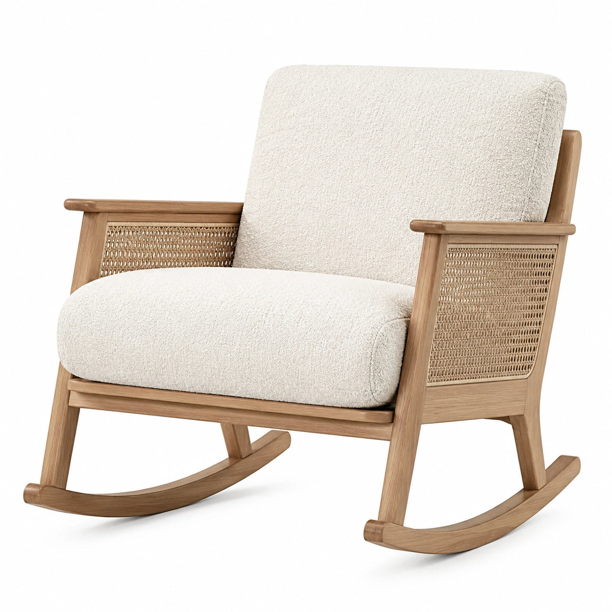 Schaukelstuhl mit Holzgestell, seitlichem Geflecht und cremefarbenem Strukturstoff, 76 × 92 × 88 cm, Creme und Natur