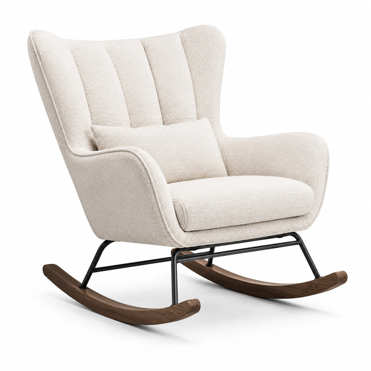 Gepolsterter Schaukelstuhl 102 × 78 × 98 cm in Beige mit braunen Holzschienen und schwarzem Metallgestell