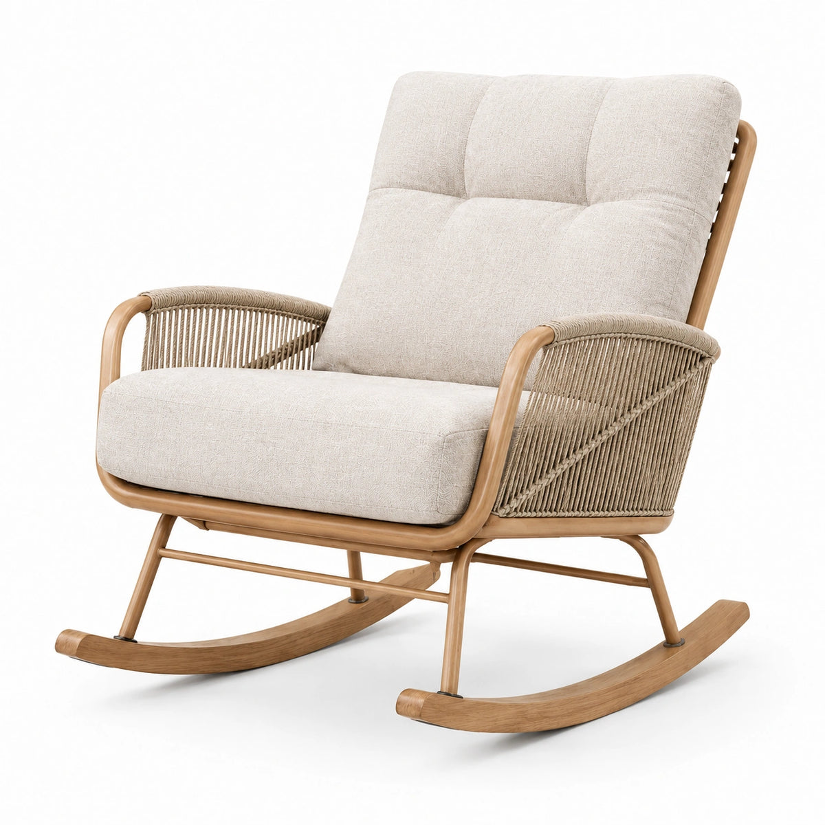 Gepolsterter Schaukelstuhl mit hoher Rückenlehne und Seilgeflecht, Beige/Braun, 76 × 95 × 100 cm