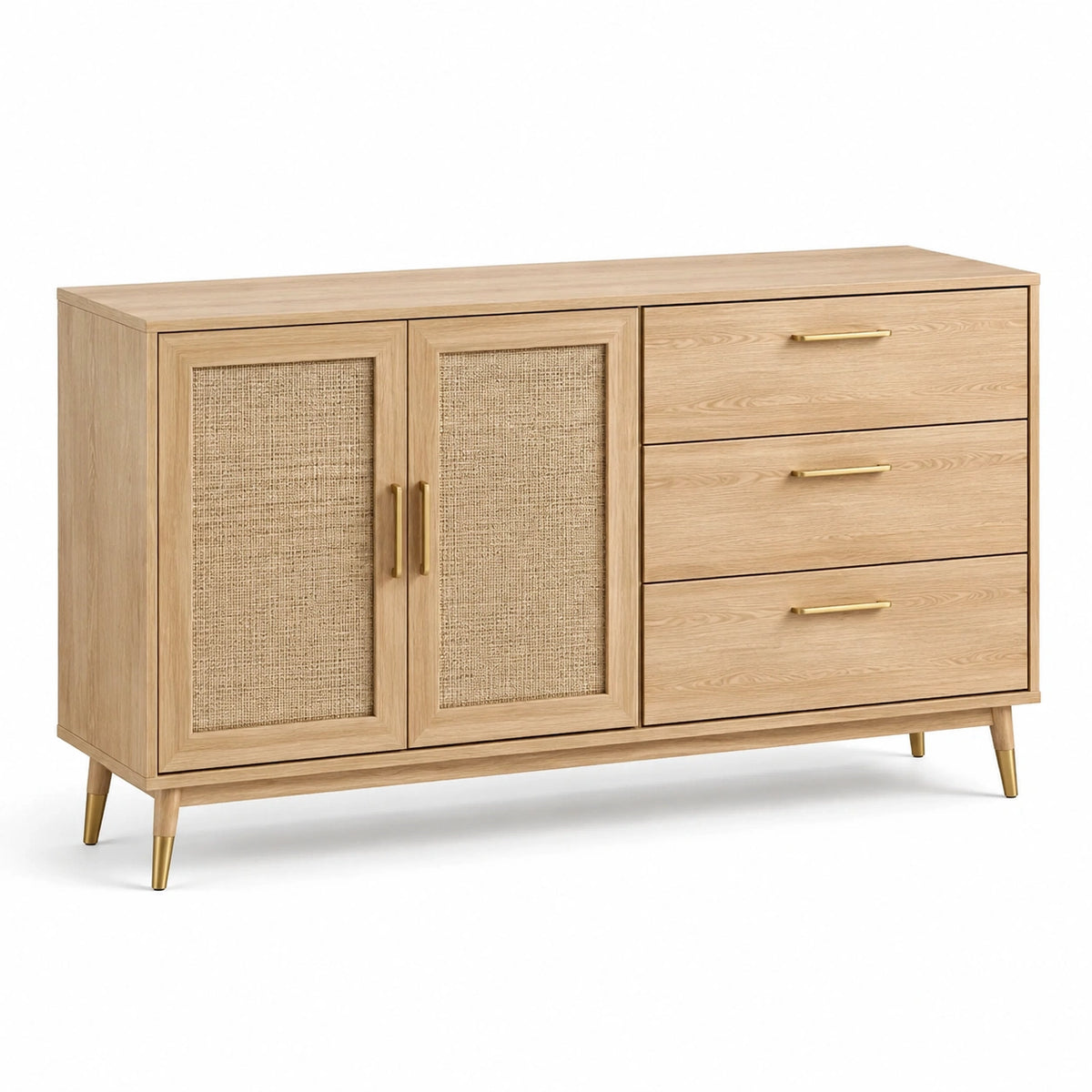 Sideboard mit Rattangeflecht, 3 Schubladen und 2 Türen, 150 × 40 × 80 cm, Naturfarben/Goldfarben