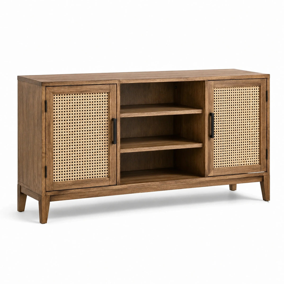 Sideboard aus Holz mit Rattangeflecht, Braun/Natur/Schwarz, 140 × 40 × 80 cm, 2 Türen und 3 offene Fächer