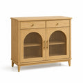Modernes Sideboard mit 2 Schubladen und 2 geriffelten Glastüren, Naturholzfarben, Gold und Braun, 110 × 40 × 100 cm