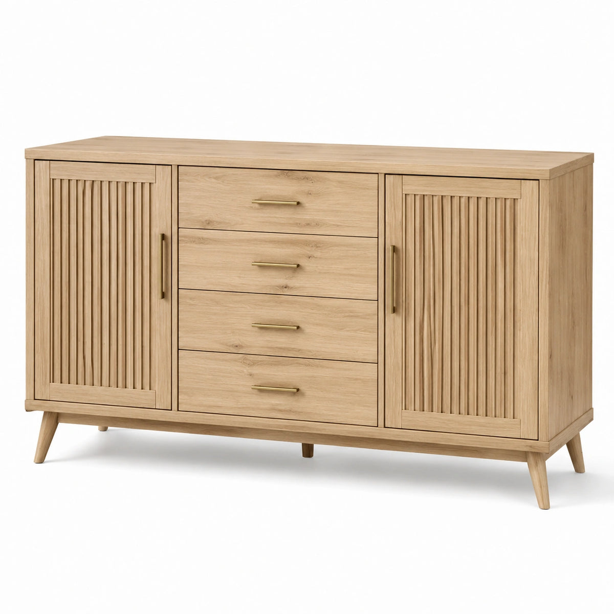 Modernes Sideboard mit 4 Schubladen und 2 Türen, Natureiche und Gold, 160 × 40 × 85 cm
