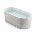 Freistehende ovale Badewanne aus Mineralverbund mit Überlauf, 170 × 75 × 58 cm, Weiß/Grau/Beige, Terrazzooptik