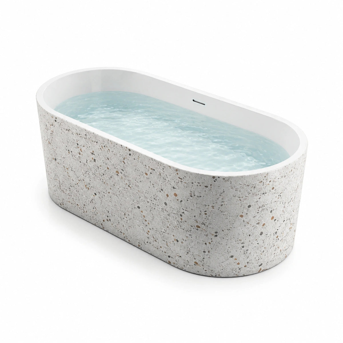 Freistehende ovale Badewanne aus Mineralverbund mit Überlauf, 170 × 75 × 58 cm, Weiß/Grau/Beige, Terrazzooptik