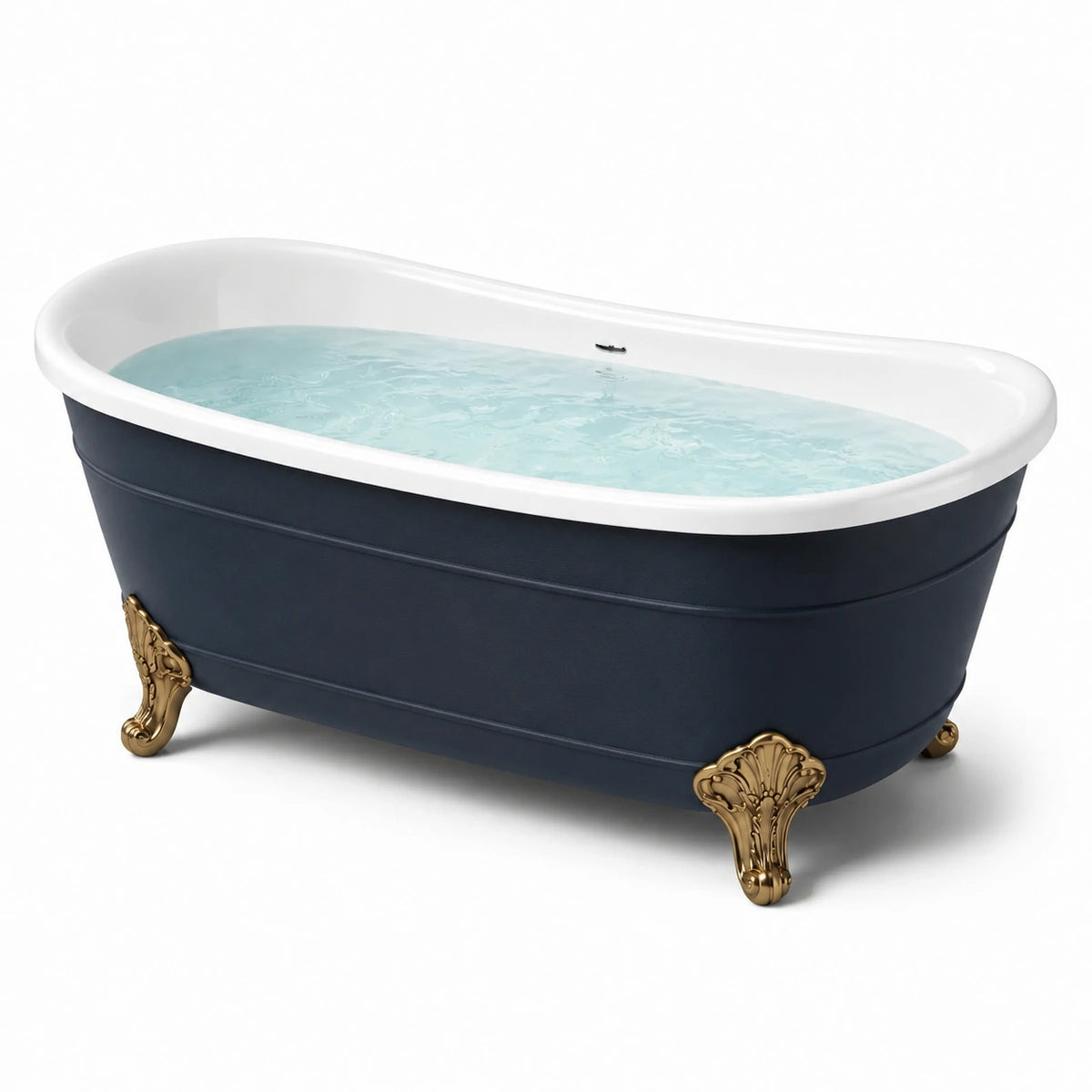 Freistehende Acryl-Badewanne mit Zierfüßen, Dunkelblau, Weiß und Goldfarben, 170 × 75 × 72 cm