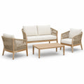 4-teilige Garten-Sitzgruppe mit Zweisitzer 136 × 74 × 78 cm, 2 Sesseln 72 × 74 × 78 cm und Tisch 100 × 55 × 38 cm, Natur, Beige und Cremeweiß