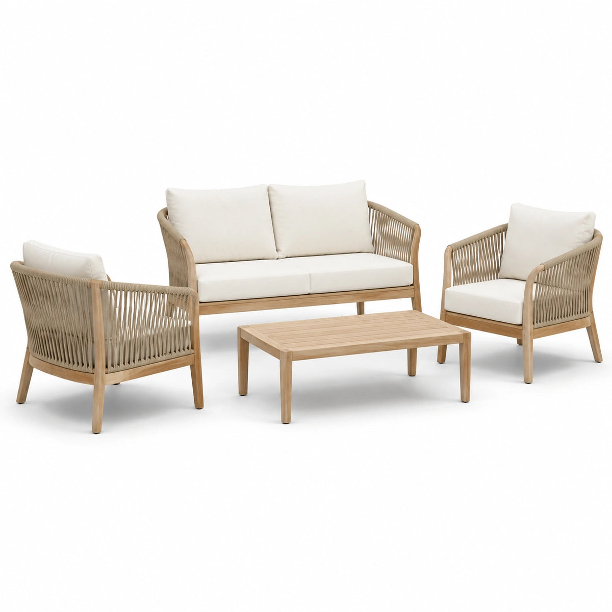 4-teilige Garten-Sitzgruppe mit Zweisitzer 136 × 74 × 78 cm, 2 Sesseln 72 × 74 × 78 cm und Tisch 100 × 55 × 38 cm, Natur, Beige und Cremeweiß