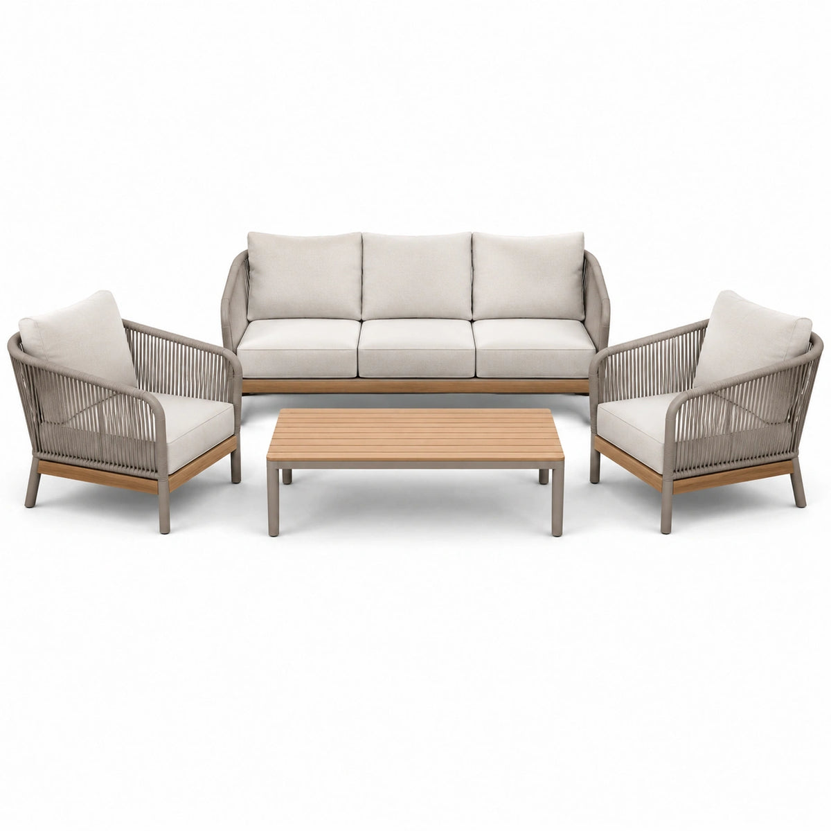 4-teilig mit 3-Sitzer-Sofa 200 × 80 × 82 cm, 2 Sesseln je 78 × 80 × 82 cm und Couchtisch 100 × 60 × 42 cm, Beige, Taupe und Naturbraun