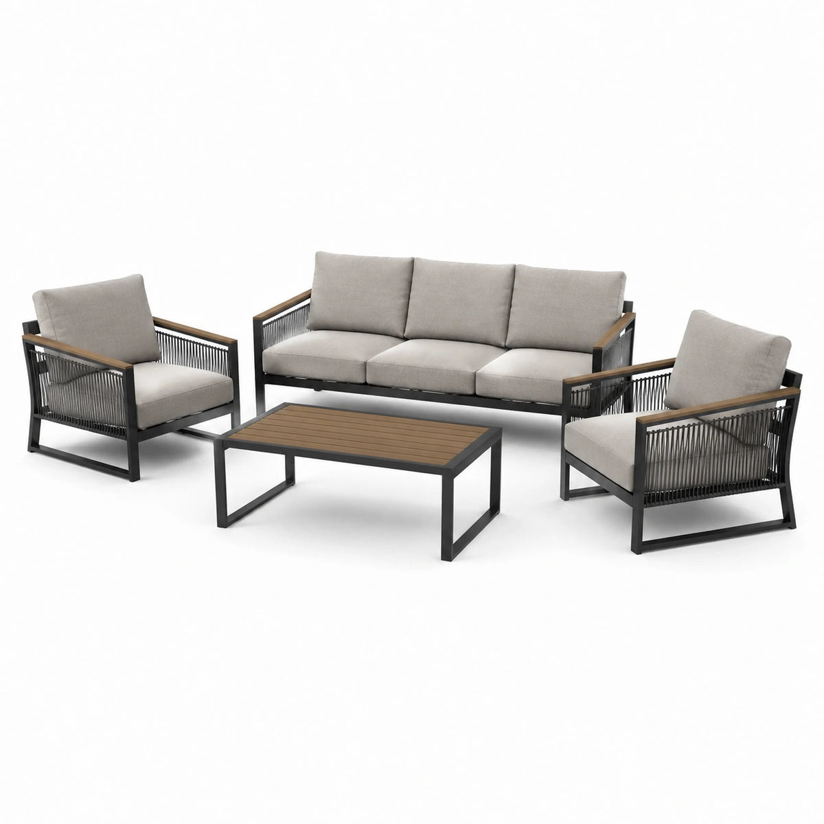 4-teiliges Gartenmöbel-Set mit 3-Sitzer-Sofa 190 × 75 × 78 cm, 2 Sesseln 72 × 75 × 78 cm und Couchtisch 110 × 60 × 40 cm, Grau/Braun/Schwarz