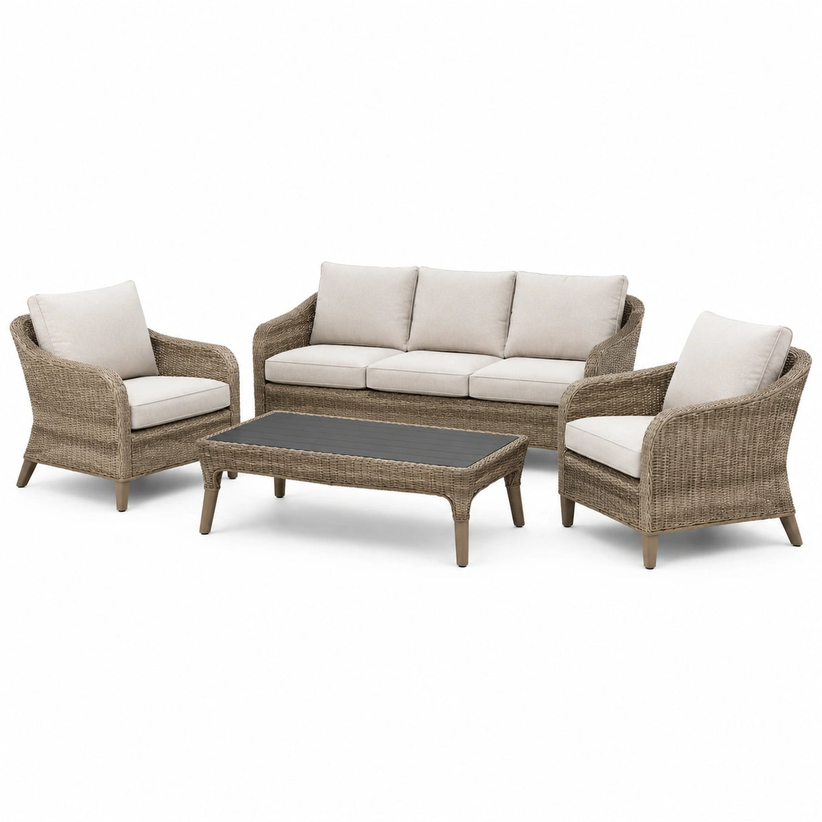 4-teilige Garten-Sitzgruppe in Taupe, Beige und Anthrazit – Sofa 194 × 78 × 84 cm, 2 Sessel je 76 × 78 × 84 cm, Tisch 120 × 60 × 43 cm