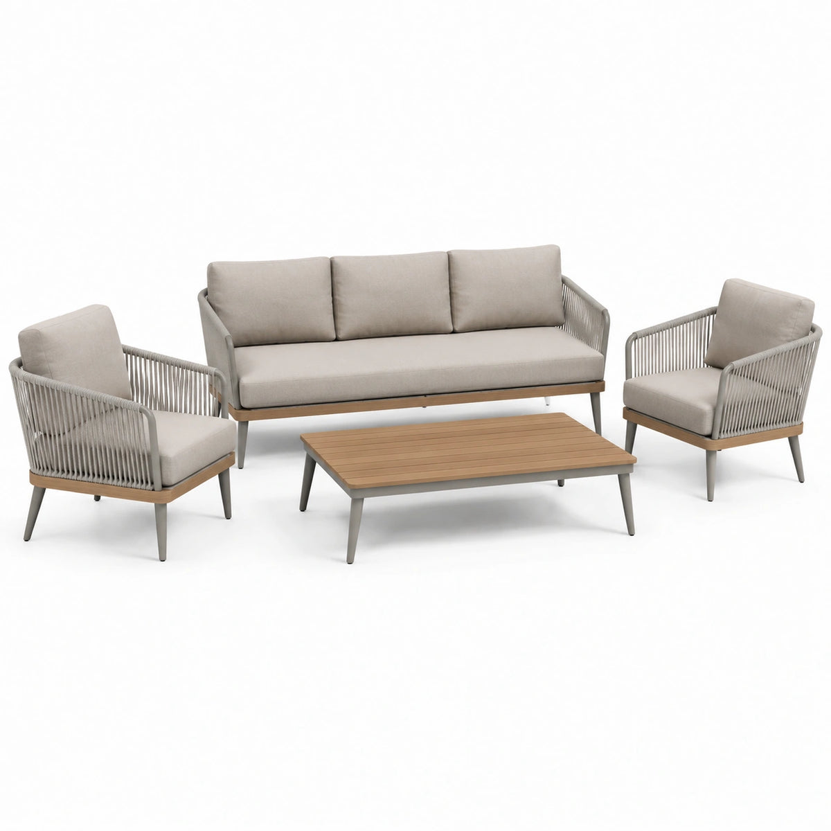 4-teilige Garten-Sitzgruppe in Beige, Grau und Braun – Sofa 200 × 80 × 78 cm, Sessel 75 × 78 × 76 cm, Tisch 120 × 65 × 38 cm