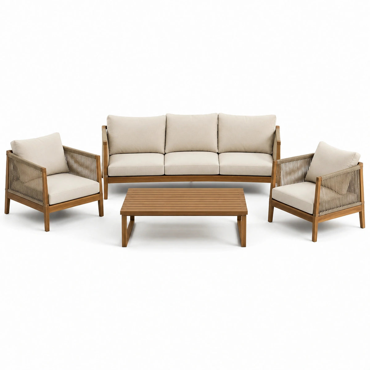 4-teiliges Gartenmöbel-Set aus Holz mit Seilgeflecht und Polstern, Sofa 190 × 78 × 78 cm, Sessel 72 × 78 × 78 cm, Tisch 110 × 60 × 38 cm, Braun, Beige und Taupe