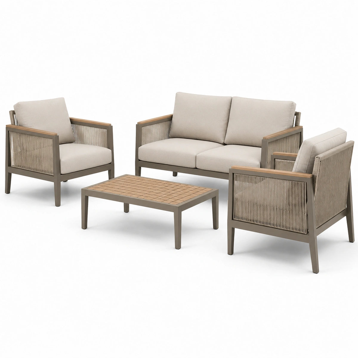 4-teiliges Gartenmöbel-Set mit Zweisitzer 135 × 75 × 78 cm, 2 Sesseln 70 × 75 × 78 cm und Tisch 95 × 55 × 38 cm, Beige/Taupe/Braun