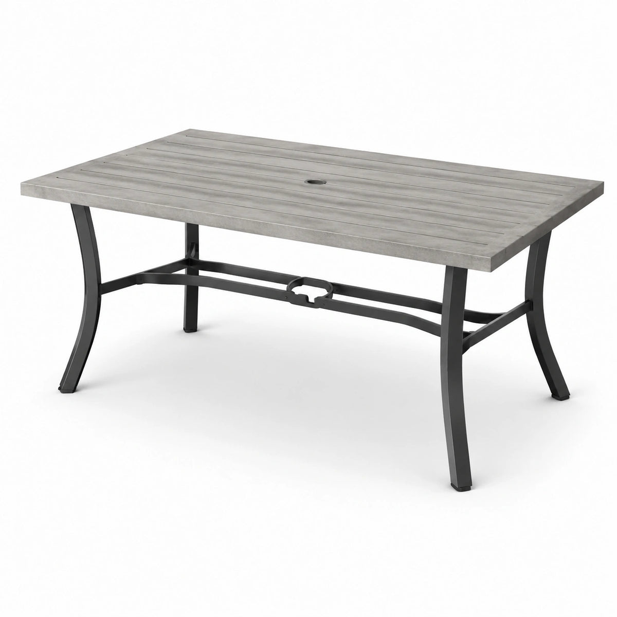 Rechteckiger Gartentisch aus Metall mit Sonnenschirmöffnung, 150 × 90 × 72 cm, Grau/Schwarz
