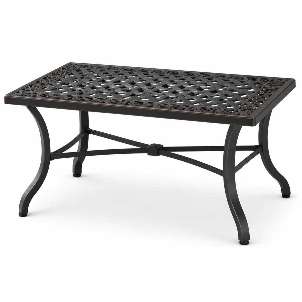 Rechteckiger Gartentisch aus beschichtetem Metall, Schwarz/Bronze, 105 × 65 × 45 cm, dekorative Gitterplatte