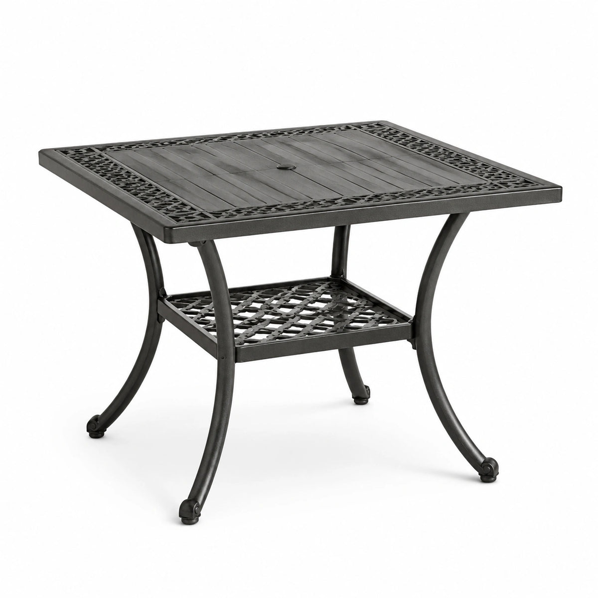 Quadratischer Metall-Gartentisch mit Ablage und Sonnenschirmöffnung, Anthrazit, 80 × 80 × 72 cm
