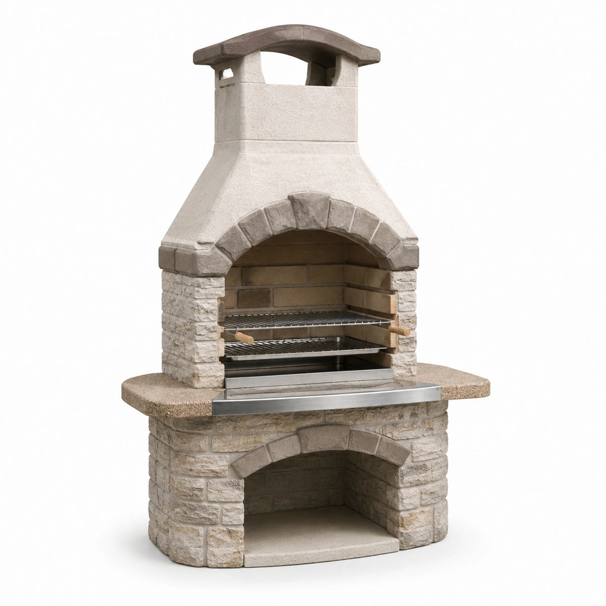 Grillkamin aus Betonwerkstein und Metall mit 2 Grillrosten, 110 × 65 × 210 cm, Beige/Braun/Silberfarben