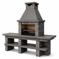 Grillkamin aus Betonwerkstein und Stahl, Grau/Anthrazit/Beige, 250 × 70 × 245 cm, mit höhenverstellbarem Grillrost und Ablageflächen