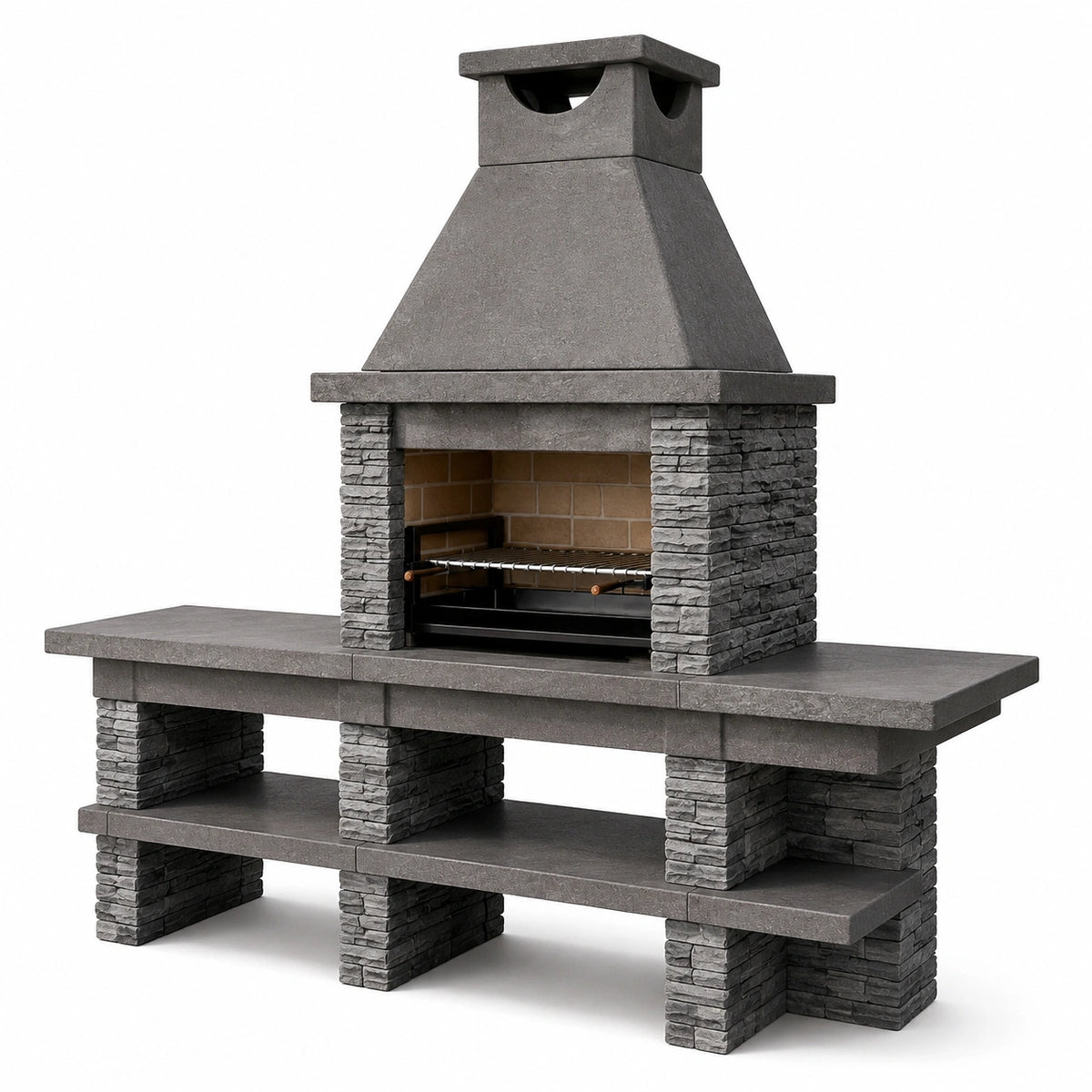 Grillkamin aus Betonwerkstein und Stahl, Grau/Anthrazit/Beige, 250 × 70 × 245 cm, mit höhenverstellbarem Grillrost und Ablageflächen