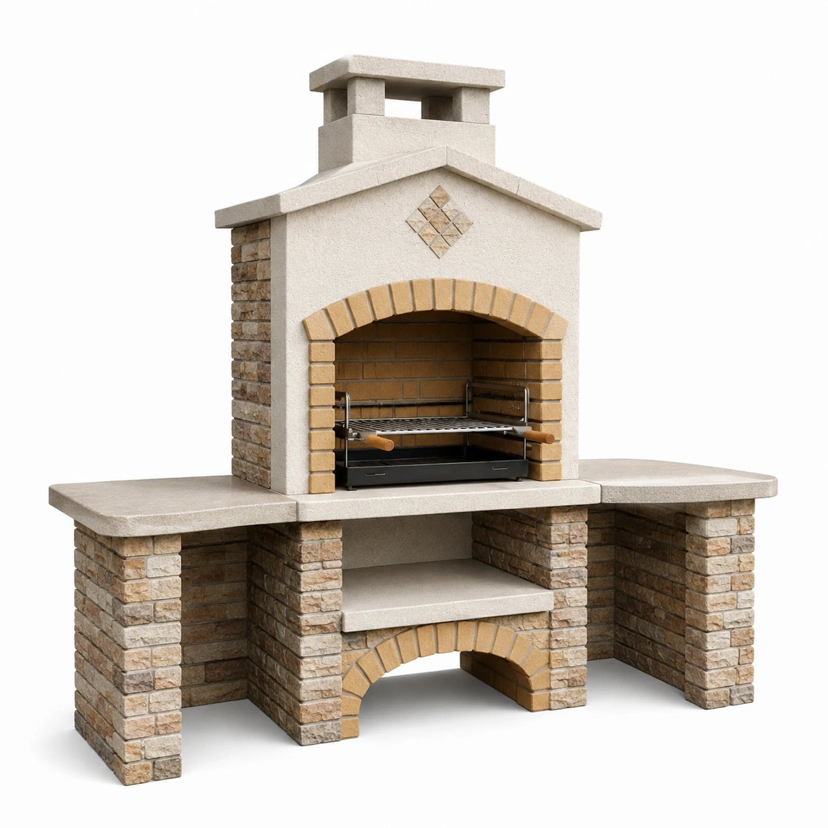 Freistehender Grillkamin aus Betonwerkstein und Metall mit Grillrost, Feuerwanne, Arbeitsflächen und Rauchabzug, 220 × 80 × 230 cm, Beige/Braun/Schwarz