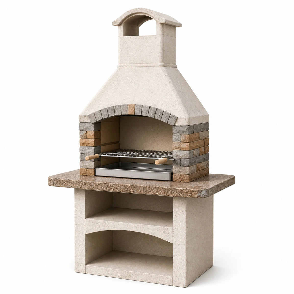 Freistehender Gartengrill mit Grillkamin, 110 × 65 × 210 cm, Betonwerkstein und Edelstahl, Beige/Grau/Braun/Silber, mit Grillrost, Auffangschale und Ablagen