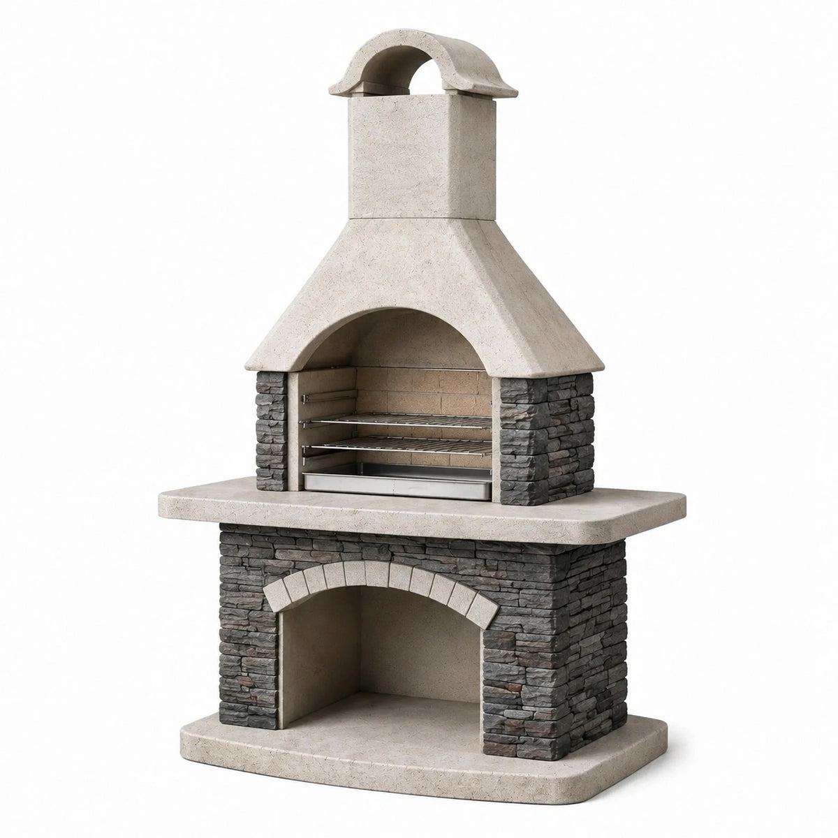 Holzkohle-Gartengrill mit Kamin, 120 × 70 × 220 cm, Beton, Stein und Stahl, Beige/Grau/Silber