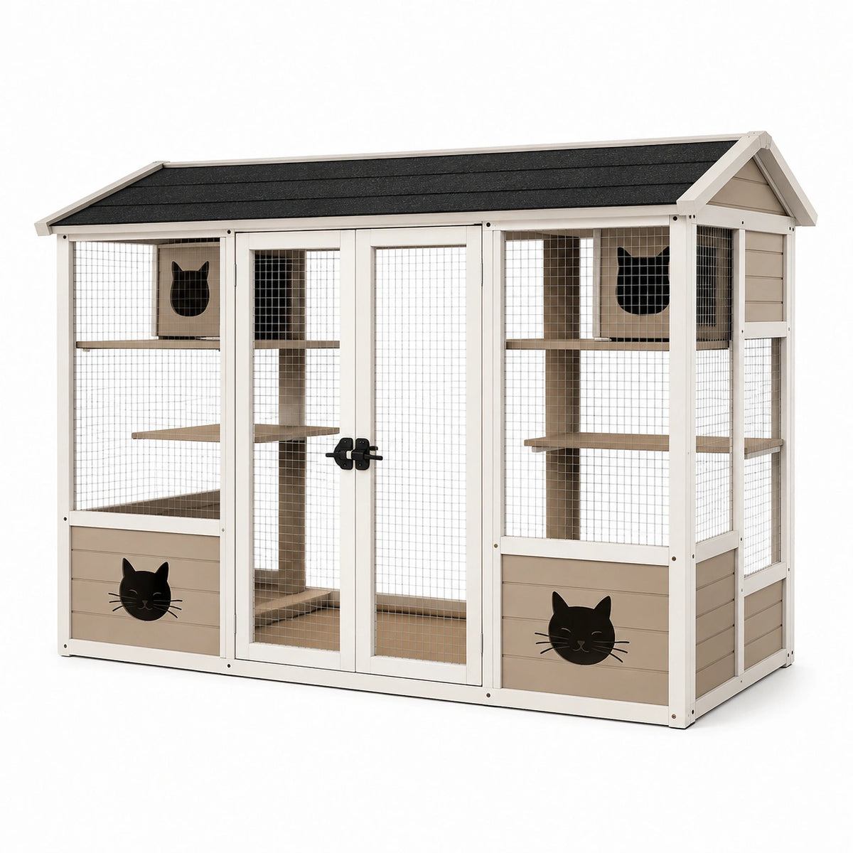 Katzengehege mit Bitumendach, Kletterplattformen und Rückzugsboxen, 200 × 100 × 180 cm, Weiß/Taupe/Schwarz