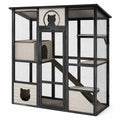 Mehrstöckiges Katzengehege aus Holz und Metallgitter, 200 × 100 × 180 cm, Schwarz und Beige