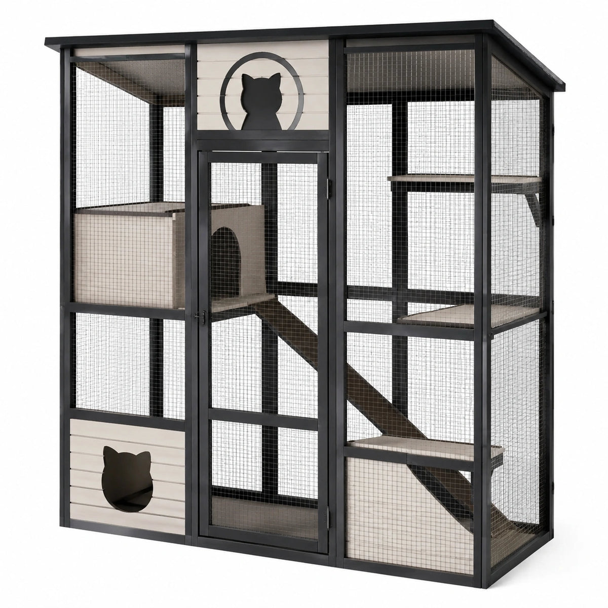Mehrstöckiges Katzengehege aus Holz und Metallgitter, 200 × 100 × 180 cm, Schwarz und Beige