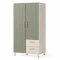 Moderner Kleiderschrank mit 2 Türen, 2 Schubladen und 3 Einlegeböden, 100 × 50 × 180 cm, Salbeigrün, Cremeweiß und Gold