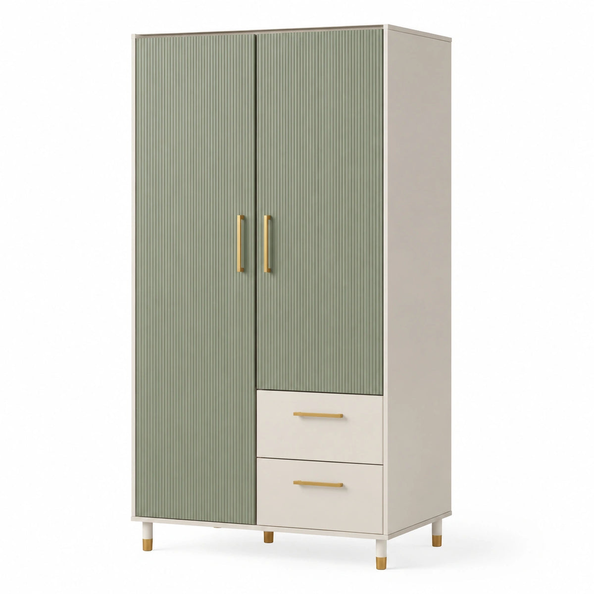 Moderner Kleiderschrank mit 2 Türen, 2 Schubladen und 3 Einlegeböden, 100 × 50 × 180 cm, Salbeigrün, Cremeweiß und Gold