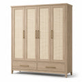 Kleiderschrank mit Geflechtfronten, 160 × 55 × 200 cm, Natur, Beige und Gold, 4 Türen und 2 Schubladen