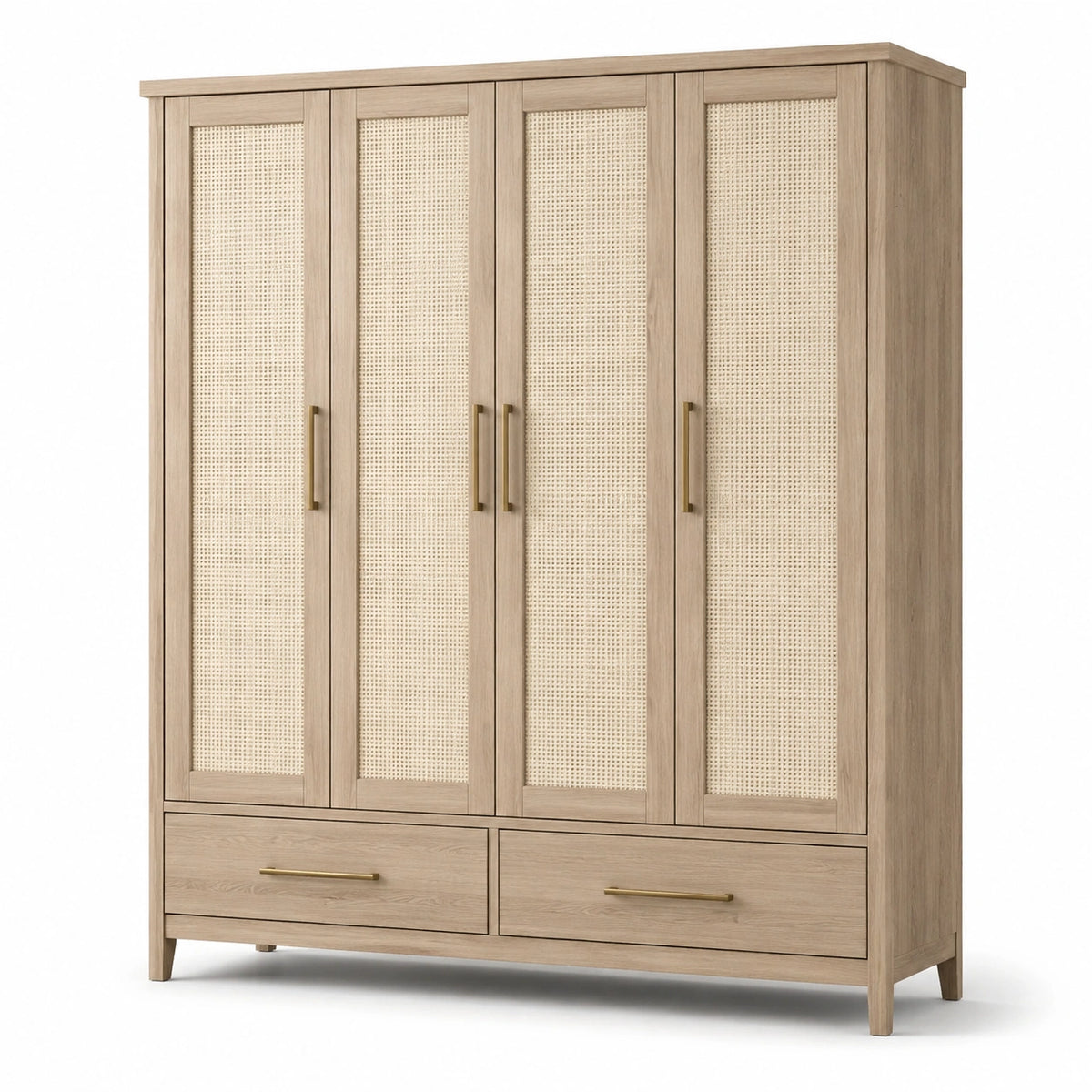 Kleiderschrank mit Geflechtfronten, 160 × 55 × 200 cm, Natur, Beige und Gold, 4 Türen und 2 Schubladen