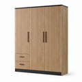 Moderner Kleiderschrank in Lamellenoptik, Eichefarben und Schwarz, 150 × 52 × 200 cm, 3 Türen und 2 Schubladen