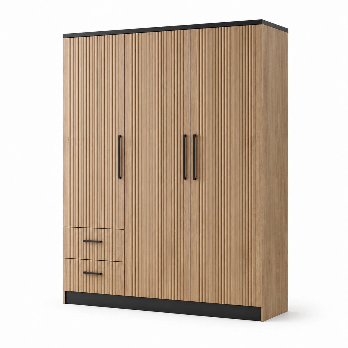 Moderner Kleiderschrank in Lamellenoptik, Eichefarben und Schwarz, 150 × 52 × 200 cm, 3 Türen und 2 Schubladen
