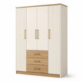 Kleiderschrank mit 4 Türen und 3 Schubladen, 160 × 50 × 200 cm, Cremeweiß und Eichefarben, goldfarbene Griffe