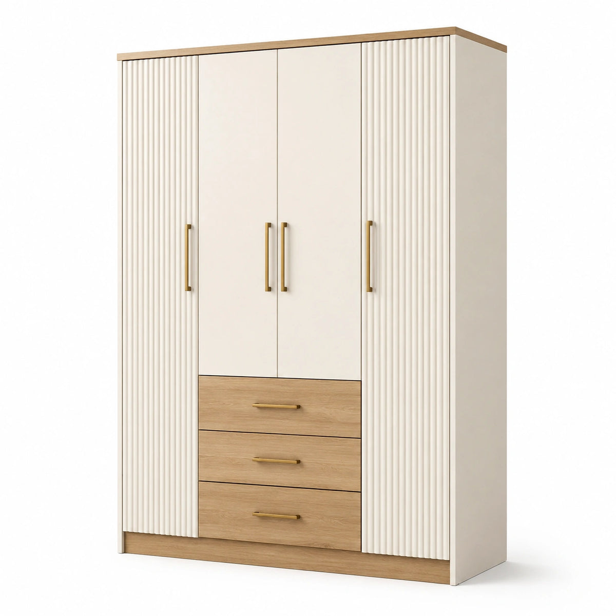 Kleiderschrank mit 4 Türen und 3 Schubladen, 160 × 50 × 200 cm, Cremeweiß und Eichefarben, goldfarbene Griffe