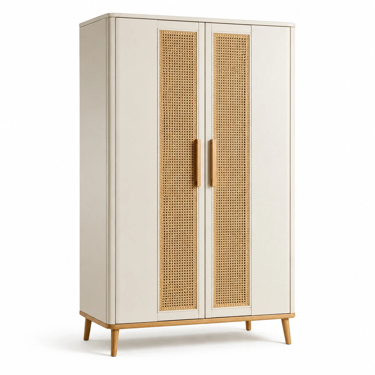 Zweitüriger Kleiderschrank mit Rattangeflecht, 100 × 55 × 180 cm, Creme und Natur