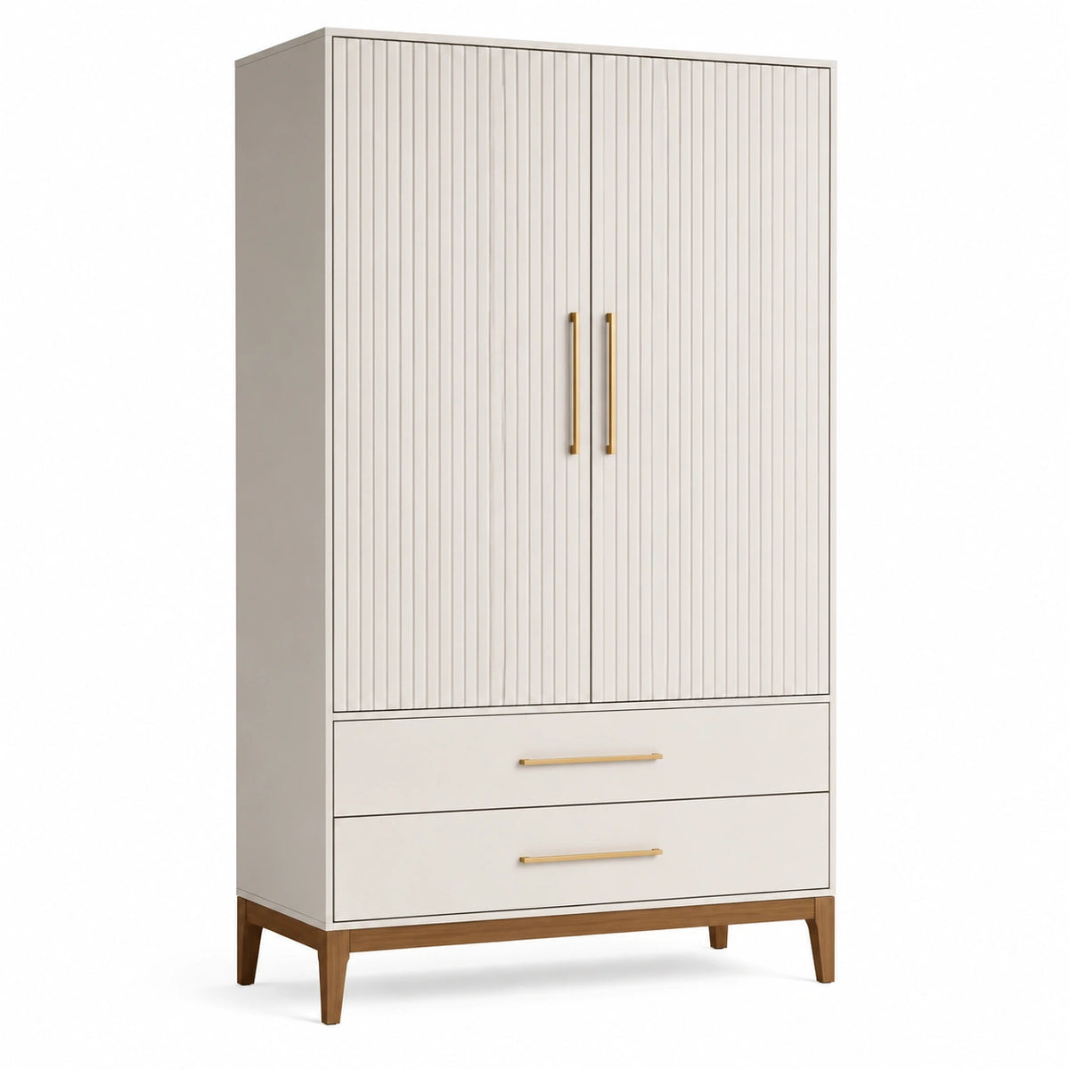 Moderner Kleiderschrank mit 2 Türen und 2 Schubladen, geriffelte Fronten, 100 × 52 × 190 cm, Cremeweiß