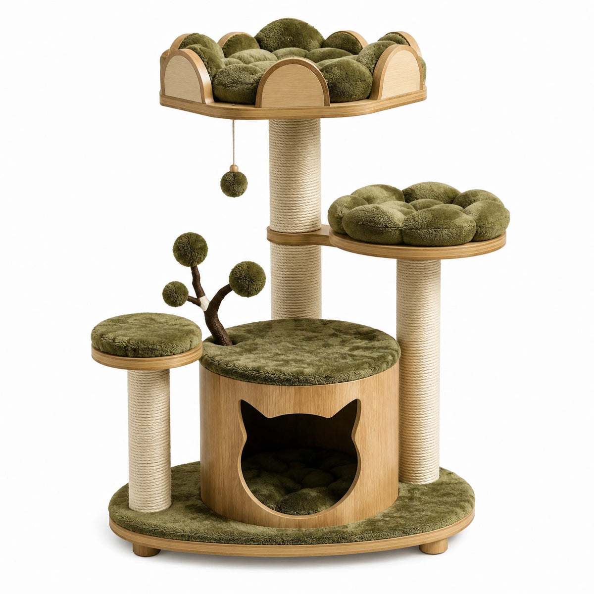 Mehrstöckiger Kratzbaum mit Katzenhöhle und Liegeflächen, 100 × 60 × 150 cm, Grün/Natur/Beige