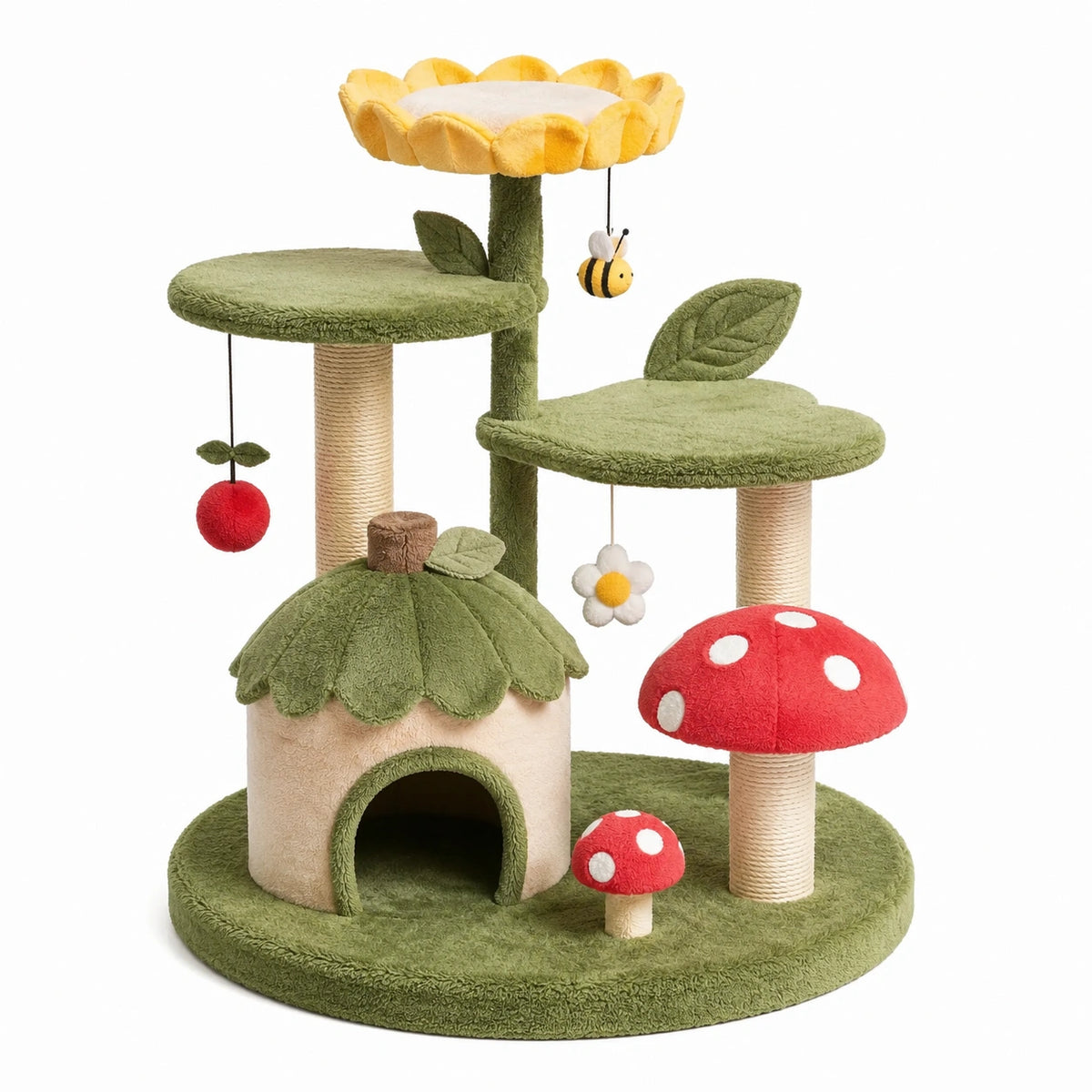 Mehrstufiger Kratzbaum im Blumen- und Waldstil, 95 × 60 × 120 cm, Mehrfarbig, mit Katzenhöhle, Liegeflächen, Sisalsäulen und Spielzeug