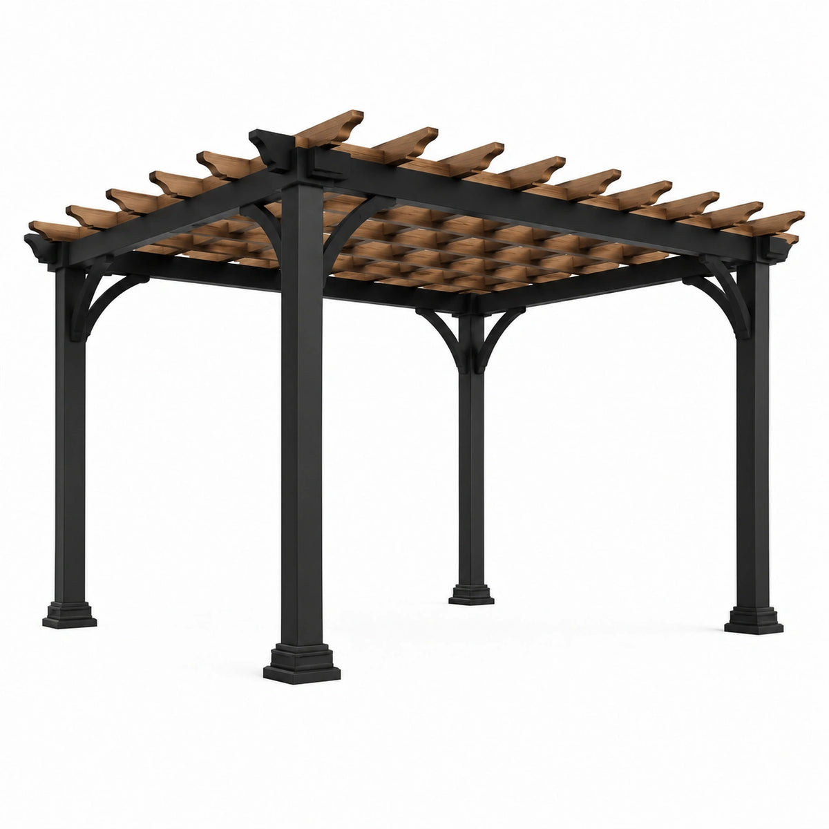 Freistehende Pergola aus Stahl und Holz, 366 × 305 × 251 cm, Schwarz/Braun, für Garten und Terrasse